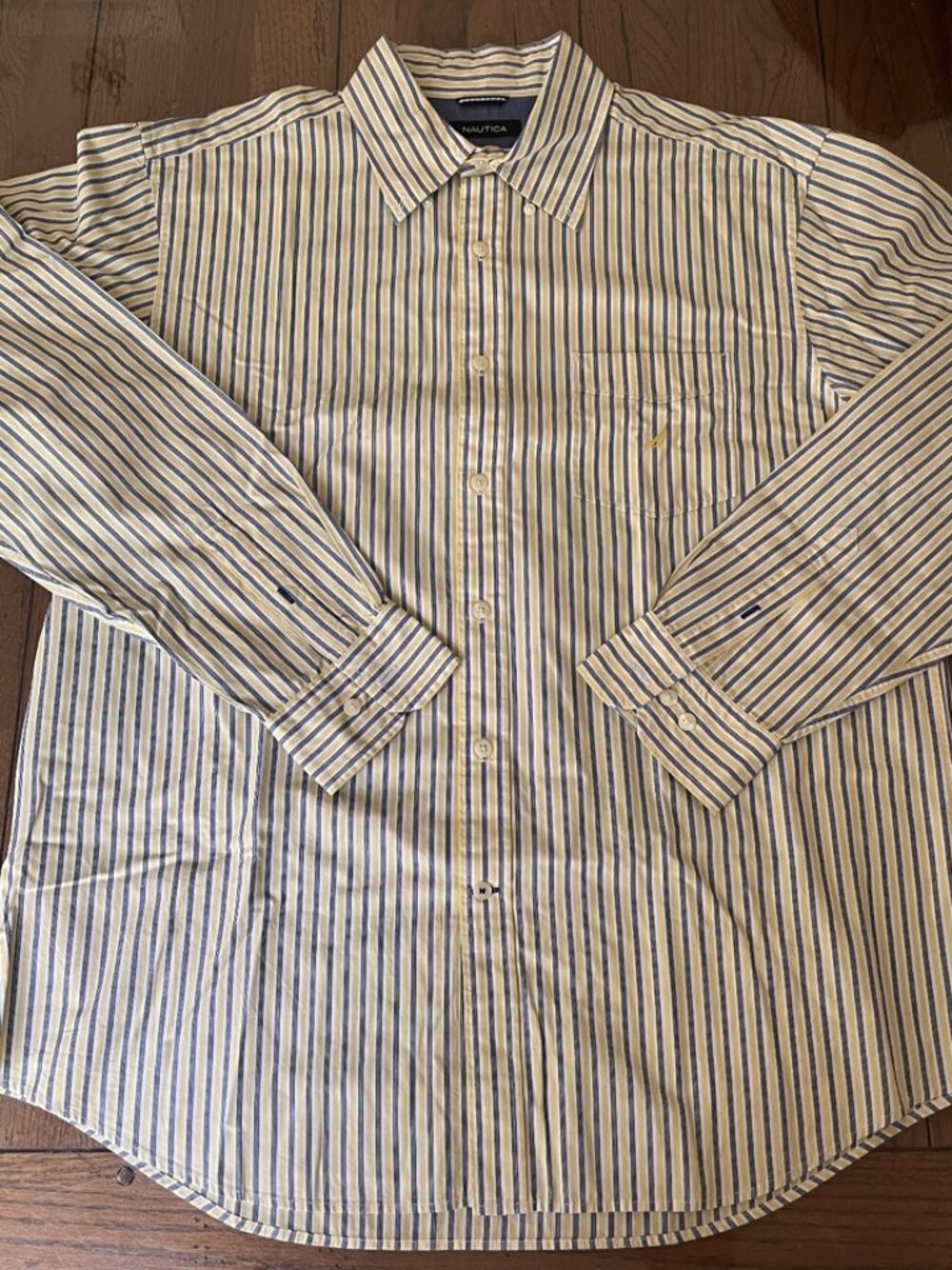 Nautica Men's Large Yellow Blue Striped Button Front Shirt 100% Cotton Casual